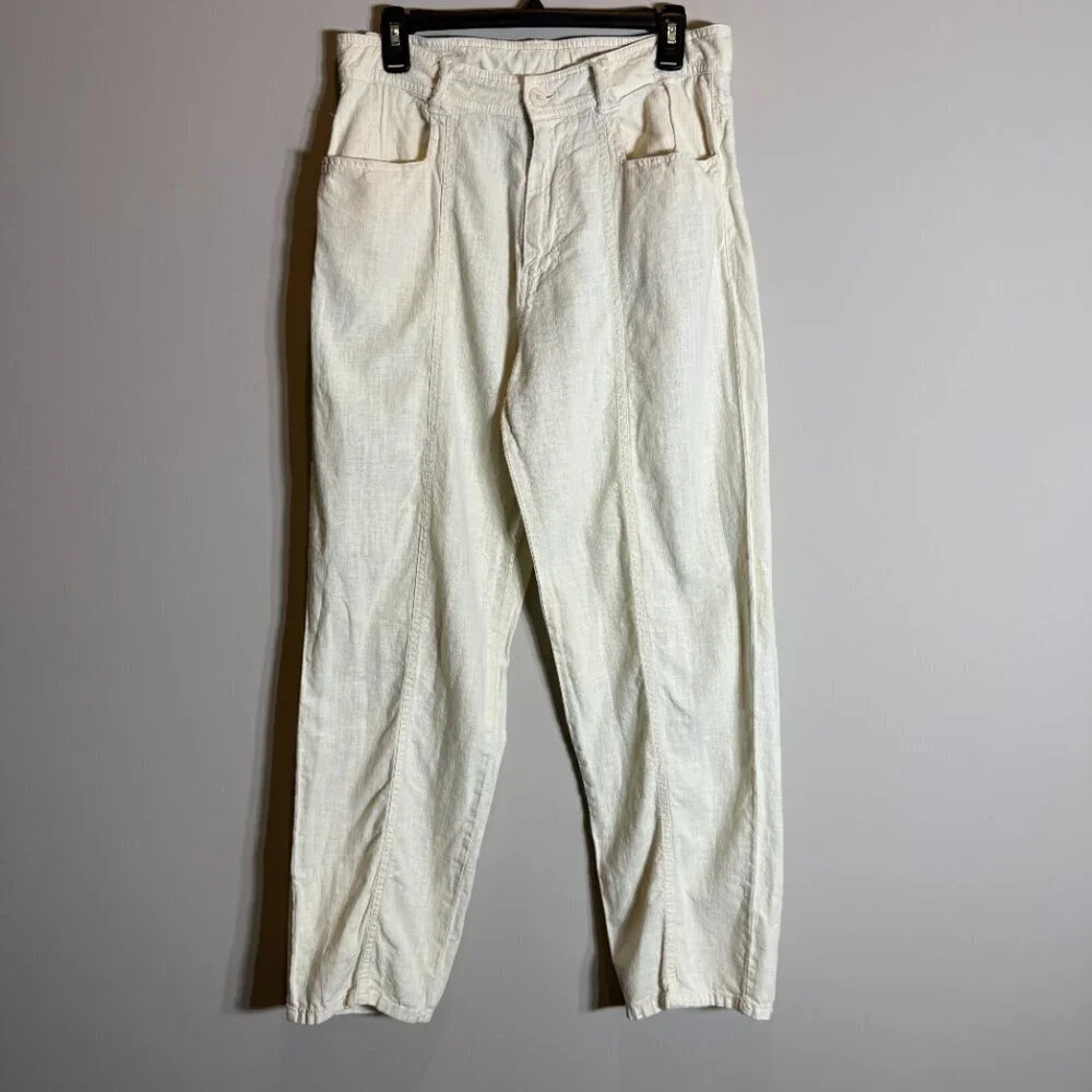 Zara Linen Straight Leg Pants Womens 31 Ivory Lagenlook Minimalist Beach Coastal